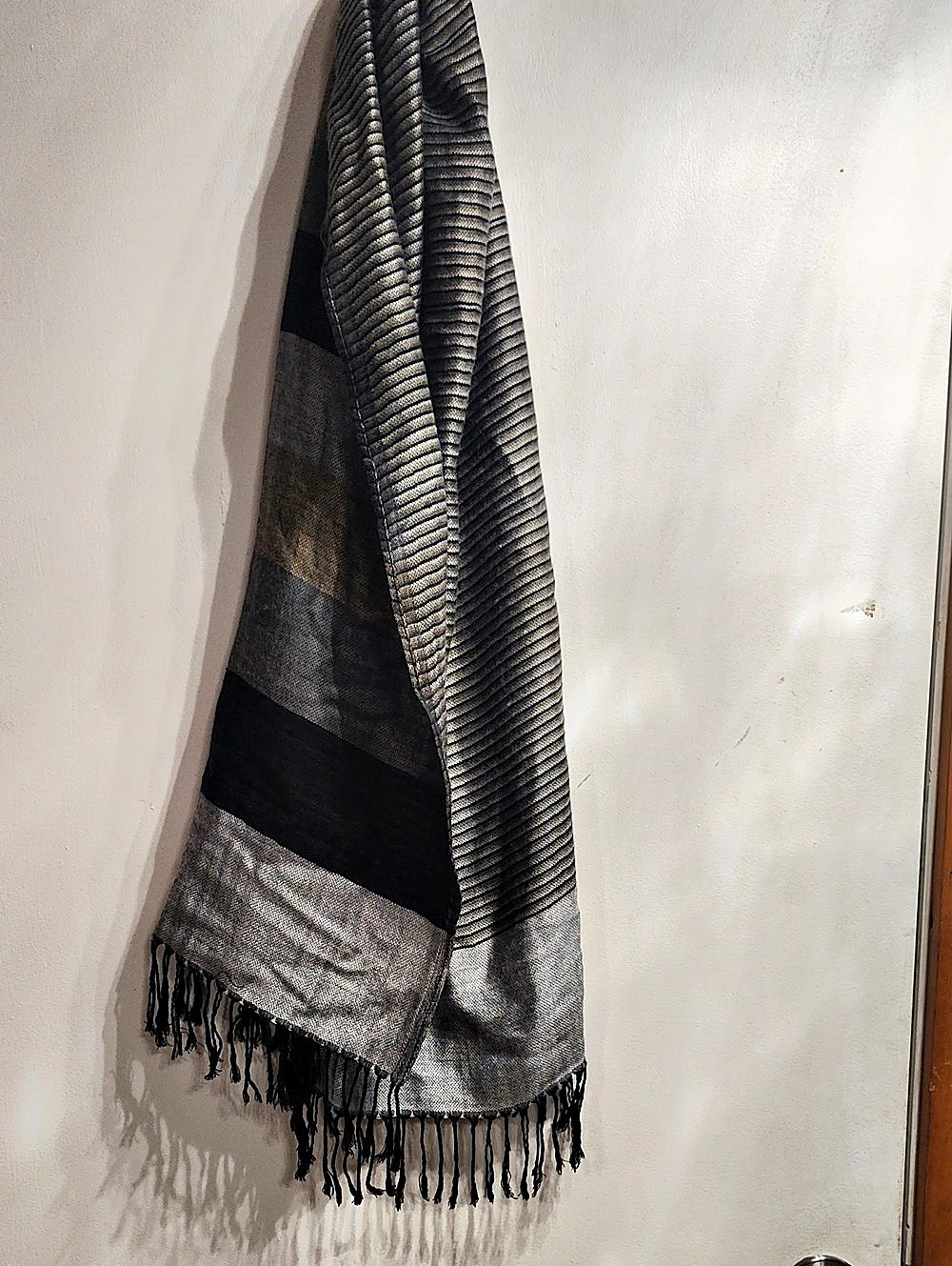 Color Block Fringed Scarf in Black Silver Gold And Grey
